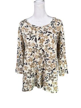 J Jill Stretch L Pullover Knit Top 3/4 Sleeve Beige Black Cream Neutral Floral